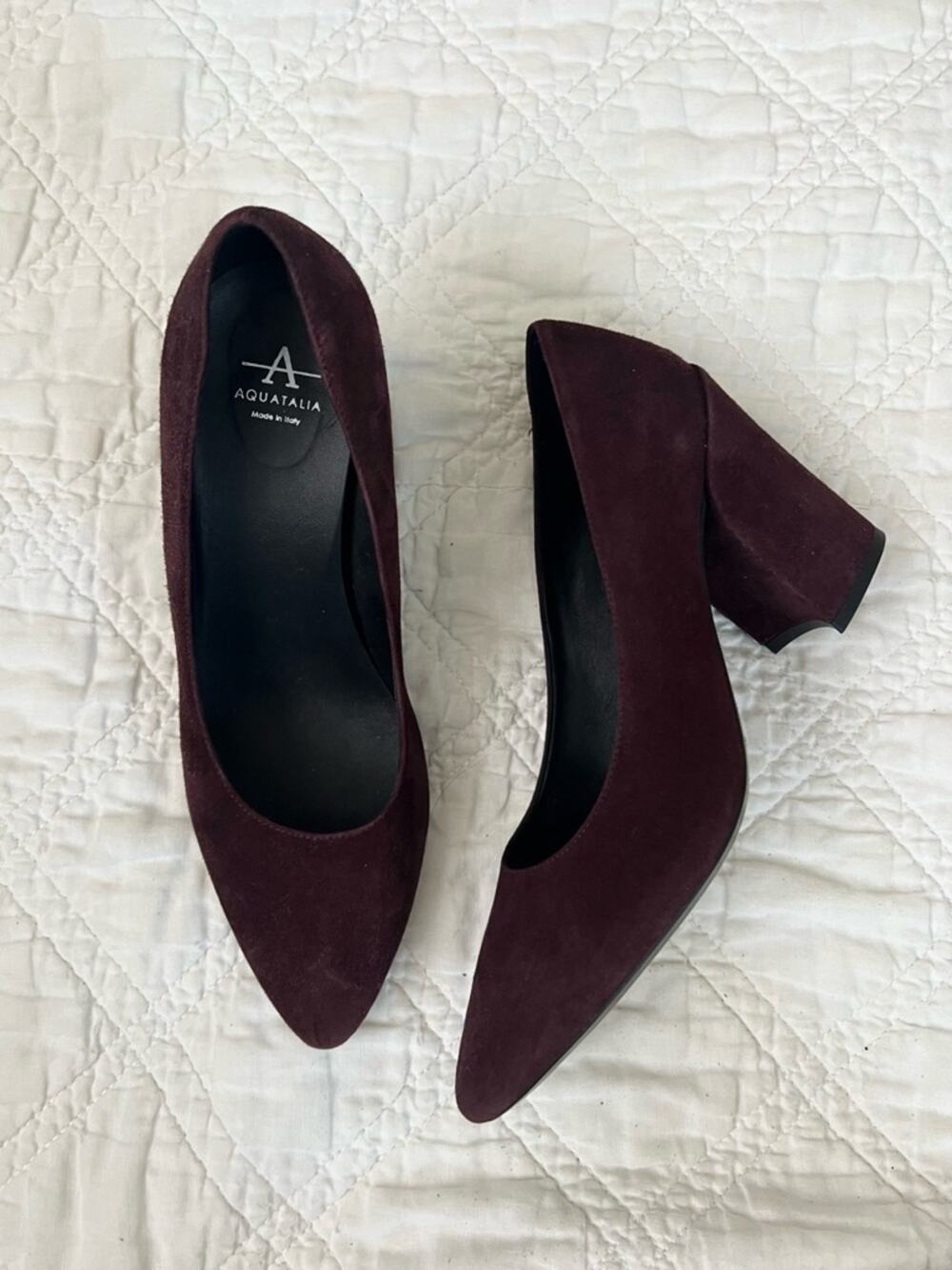 Aquatalia Burgundy Suede Block Heel Pumps